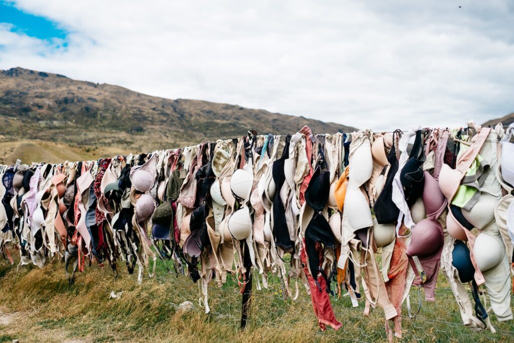 Assorted bras hanged on wire