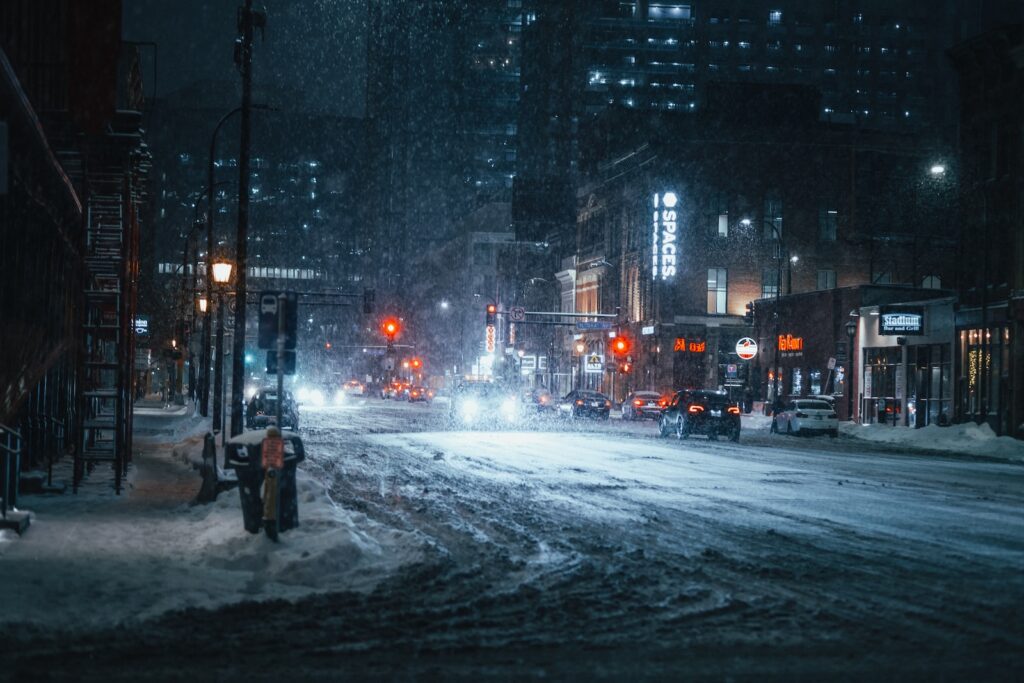 person in black jacket standing on road during snow