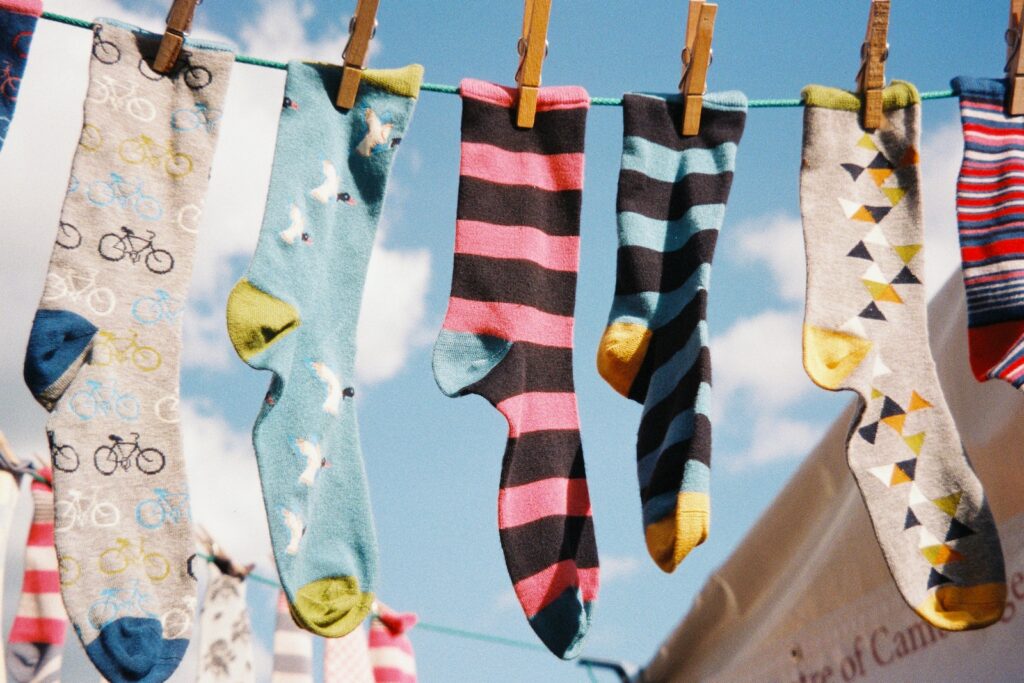 Blue white and yellow socks