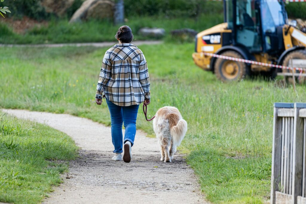 a woman walking a dog down a dirt road